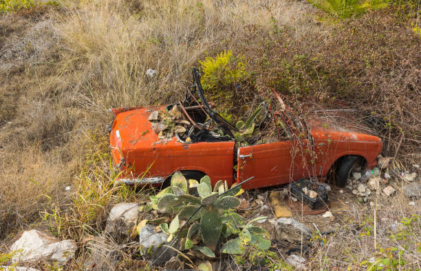Old car wreck standing beside a road down the hill in andalusia. Car is a wrecked oldtimer cabriolet which surely was a nice automobile in former times. Plants begin to overgrow and hide it completely