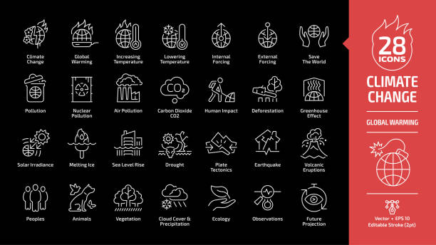 기후 변화 또는 지구 온난화 편집 가능한 스트로크 개요 아이콘 세계 증가 및 하강 온도와 검은 배경에 설정, 글로브 핵 및 공기 co2 오염 라인 생태 그림. - global warming pollution deforestation carbon dioxide stock illustrations