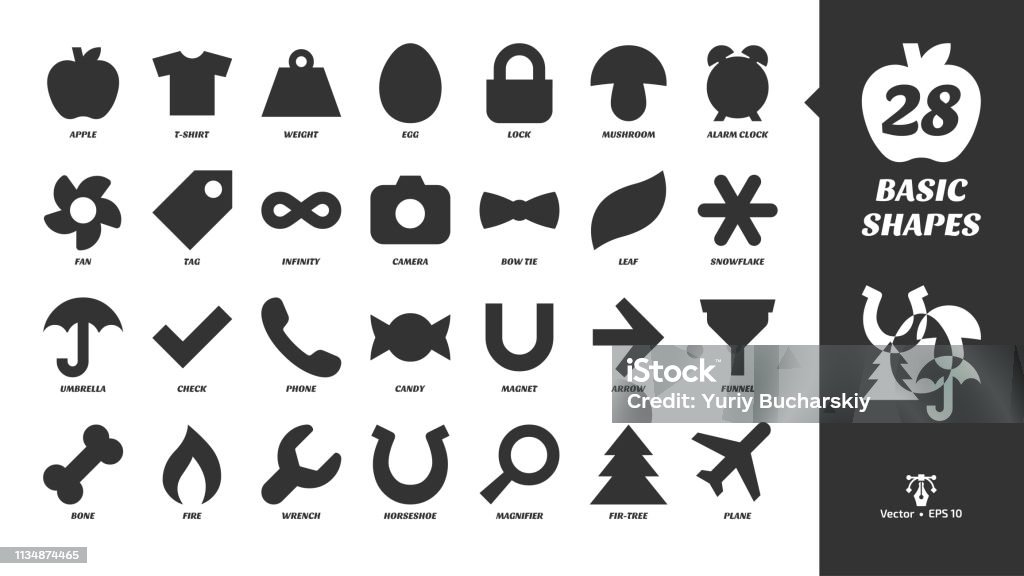Basic glyph shapes icon set with simple fill silhouette apple, t-shirt, weight, egg, lock, mushroom, alarm clock, fan, tag, infinity, camera, bow tie, leaf, snowflake, umbrella and more black symbols. Infinity stock vector