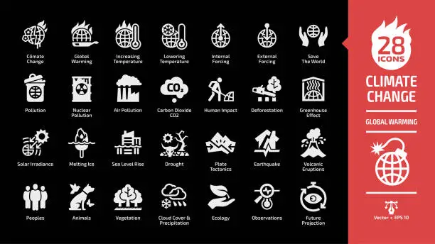 Vector illustration of Climate change or global warming glyph icon set on a black background with world heat temperature, globe greenhouse effect, air pollution, earth co2 smoke problem, hot sun fire energy sign.