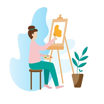 Artist woman painting with palette, brush and easel sitting on a chair. Art studio interior. Creative workshop room. Modern flat vector illustration isolated on white background