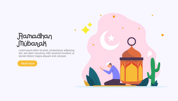 illustrazioni stock, clip art, cartoni animati e icone di tendenza di felice concetto di saluto ramadan mubarak con carattere persone per modello di pagina di destinazione web, banner, presentazione, social e stampa media. illustrazione vettoriale di design piatto eid islamico o adha - islamismo illustrazioni