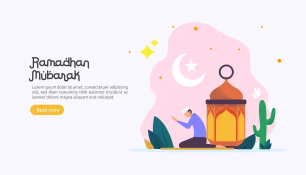 Vector illustration of happy ramadan mubarak greeting concept with people character for web landing page template, banner, presentation, social, and print media. islamic eid fitr or adha flat design vector illustration