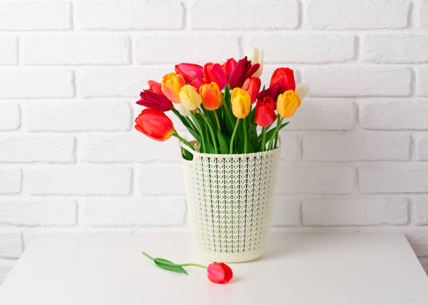 istock tulip flowers are in a basket on the table, white brick wall as background 1134880600