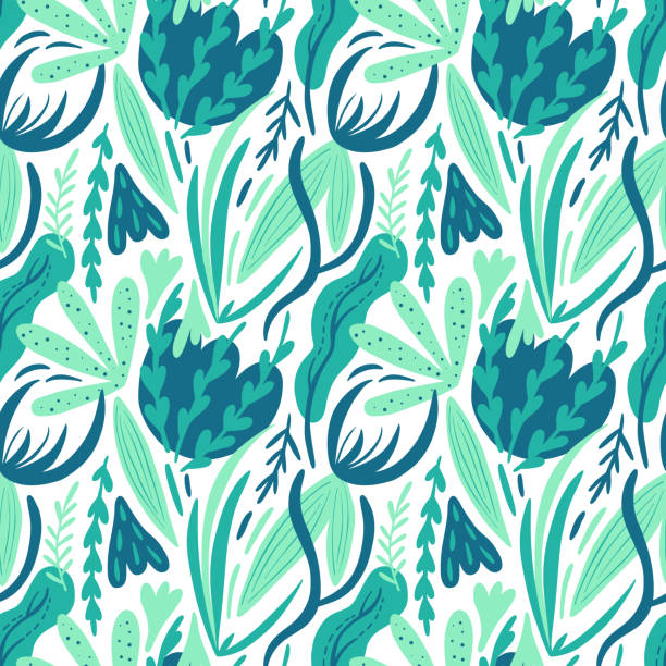 추상 바다 식물 원활한 손 그리기 벡터 패턴 - seaweed sea pattern green stock illustrations