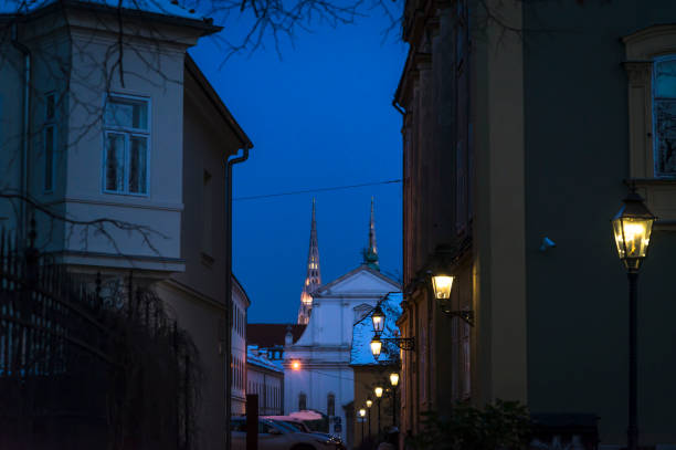 Atmospheric Upper Town with Cathedral spires in distance, Zagreb, Croatia