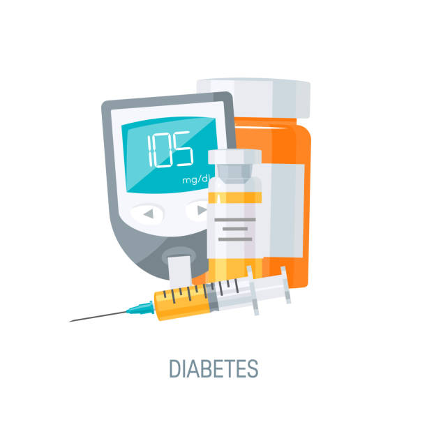 illustrations, cliparts, dessins animés et icônes de concept de gestion du diabète en style plat, vecteur - insulin sugar syringe bottle