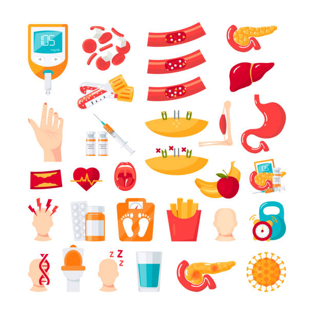 ilustrações de stock, clip art, desenhos animados e ícones de diabetes mellitus icons in flat style, vector - bloodstream