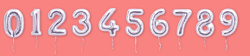 Silver Foil balloon numbers 1, 2, 3, 4, 5, 6, 7, 8, 9, 0 isolated on living coral color background. 3d rendering