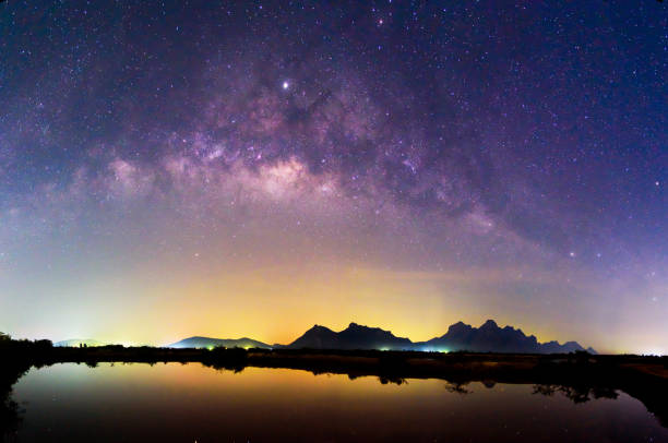 istock Panorama milky way at the lake with reflections in night time 1134897224