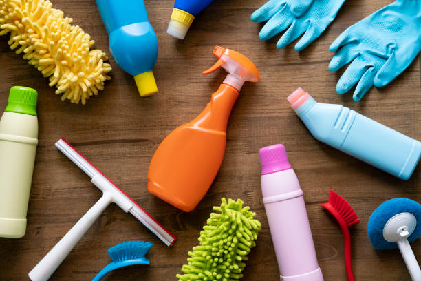 istock House cleaning product on wood table 1134898498
