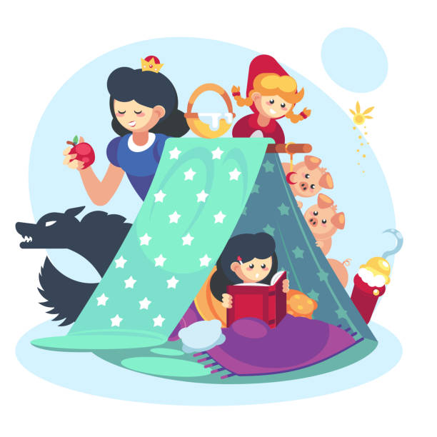 ilustrações de stock, clip art, desenhos animados e ícones de imagination concept, child little girl with open book. fairy tales character blanket fort happy childhood - fort