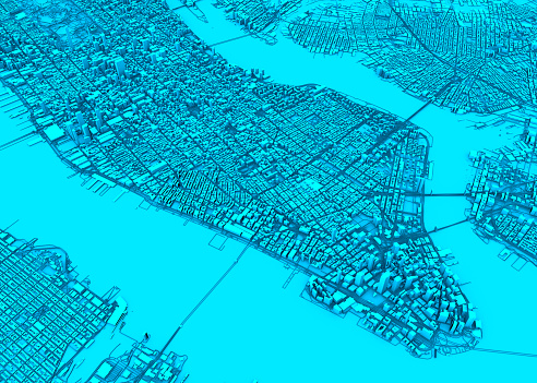 Satellite view of New York city, map, 3d buildings.\nStreets and skyscraper of Manhattan. 3d rendering\nCinema 4d it was the software, smart osm