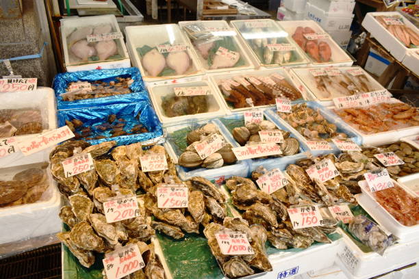 Hokkaido Japan March, 5 2019 : seafood market displays fresh crab, fish and processing food in Supporo