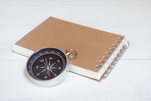 istock Compass and brown notebook on white wooden table background, journey planning concept, copy space 1134907677