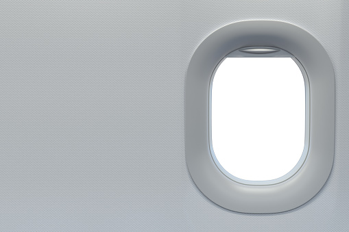 Airplane window. Travel and tourism fliight concept. Space for text.