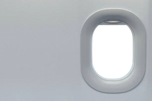 Airplane windows. Travel and tourism fliight concept. Space for text. 3d illustration