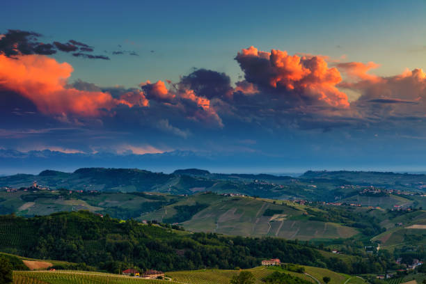View from above on green hills with vineyards under beautiful evening sky in Piedmont, Northern Italy.