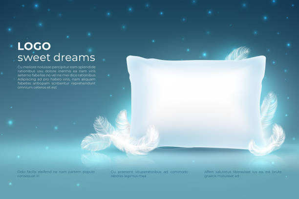 illustrations, cliparts, dessins animés et icônes de concept de rêve réaliste. sommeil de confort, oreiller de relax de lit avec la maquette de plumes, nuages étoiles sur le ciel de nuit. fond de vecteur 3d de rêve - pillow