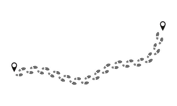 Footprint route. Human prints follow trail, funny people shoe steps, black footstep signs isolated on white. Vector foot route Footprint route. Human prints follow trail, funny people shoe steps, black footstep signs isolated on white. Vector foot shoeprints route hiking stock illustrations