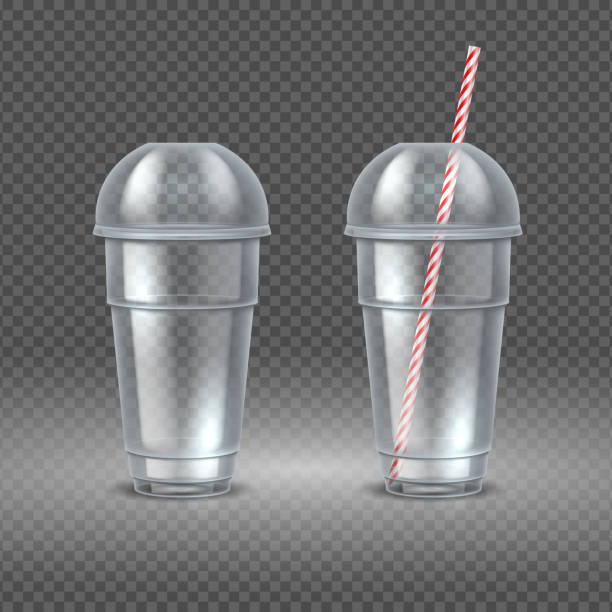 Realistic plastic cup. Transparent coffee container with straw, water juice and cocktail cup mockup. Vector disposal containers Realistic plastic cup. Transparent coffee container with straw, water juice and cocktail cup mockup. Vector disposal containers set food sample cups stock illustrations