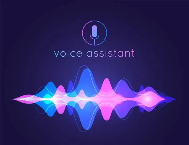 Vector illustration of Voice assistant sound wave. Microphone voice control technology, voice and sound recognition. Vector AI assistant background