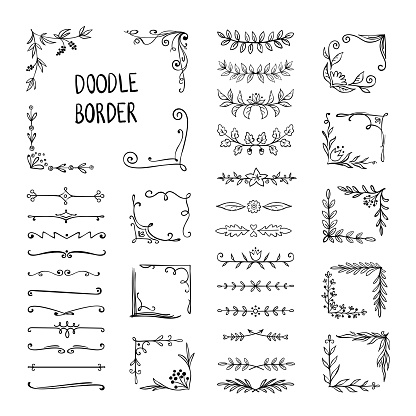 Doodle border. Flower ornament frame, hand drawn decorative corner elements, floral sketch pattern. Vector doodle frame