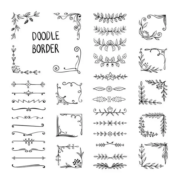 Vector illustration of Doodle border. Flower ornament frame, hand drawn decorative corner elements, floral sketch pattern. Vector doodle frame