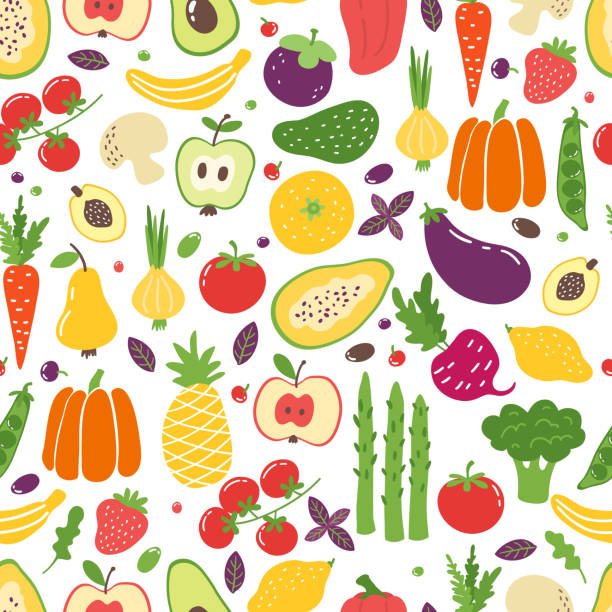 illustrazioni stock, clip art, cartoni animati e icone di tendenza di modello senza cuciture per verdure piatte. frutta colorata disegnata a mano, cibo vegetariano naturale biologico. doodle vettoriale verdure, frutta - carrot seamless food vegetable