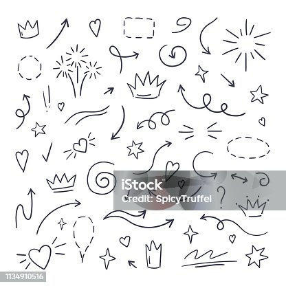 istock Doodle line swash. Emphasis text highlighters, hand drawn brush stroke, calligraphy underline. Vector hand drawn 1134910516