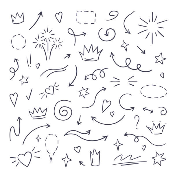 Doodle line swash. Emphasis text highlighters, hand drawn brush stroke, calligraphy underline. Vector hand drawn Doodle line swash. Emphasis text highlighters, hand drawn brush stroke, calligraphy underline. Vector hand drawn set crown headwear illustrations stock illustrations