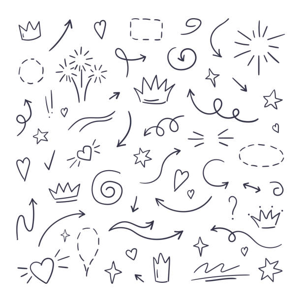 Doodle line swash. Emphasis text highlighters, hand drawn brush stroke, calligraphy underline. Vector hand drawn Doodle line swash. Emphasis text highlighters, hand drawn brush stroke, calligraphy underline. Vector hand drawn set pencil art cartoons stock illustrations