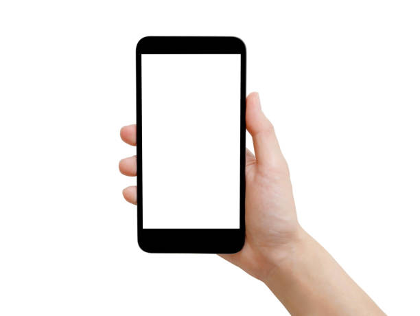 istock Woman hand holding black smartphone with white screen 1134910550