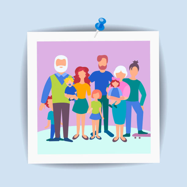 ilustraciones, imágenes clip art, dibujos animados e iconos de stock de tarjeta de la familia instantánea, concepto de familia feliz, momentos memorables. - abuelos fotos