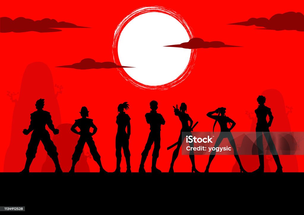 Personaggi manga anime vettoriali Team Silhouette - arte vettoriale royalty-free di Manga