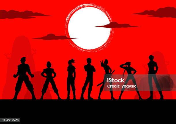 Personaggi Manga Anime Vettoriali Team Silhouette - Immagini vettoriali stock e altre immagini di Manga - Manga, Sagoma - Controluce, Personaggio