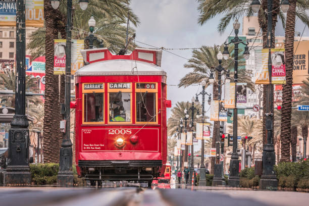 New Orleans Streetcar, USA New Orleans, USA - October 05, 2016 : Famous streetcars of New Orleans driving in Canal Street during a bright spring day.  people are running along the railway which is very beautiful and filled with aligned palms railway signal stock pictures, royalty-free photos & images