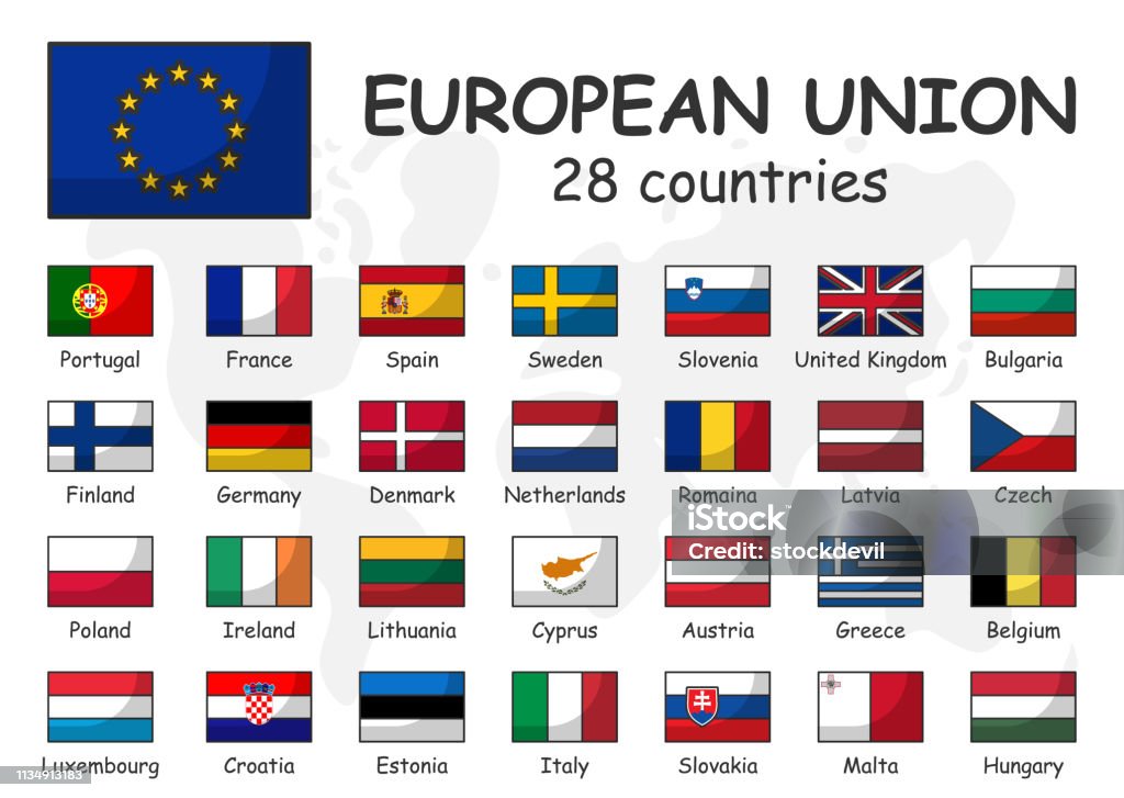 Ilustración de Unión Europea Y Bandera De Membresía Asociación De 28 Países  Diseño De Contorno De Dibujos Animados Simple Moderno Y Doodle Mundo Mapa  Fondo y más Vectores Libres de Derechos de