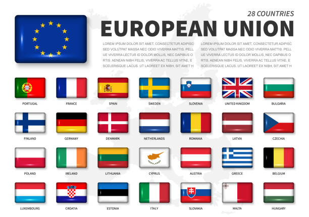 유럽 연합 (eu) 및 회원 깃발. 28 개국 협회. 라운드 각도 빛나는 사각형 버튼과 유럽 지도 배경. 벡터 - belgium map flag three dimensional shape stock illustrations