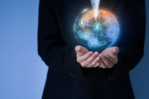 istock Businessman holding in hand with global connection blockchain concept. 1134914408