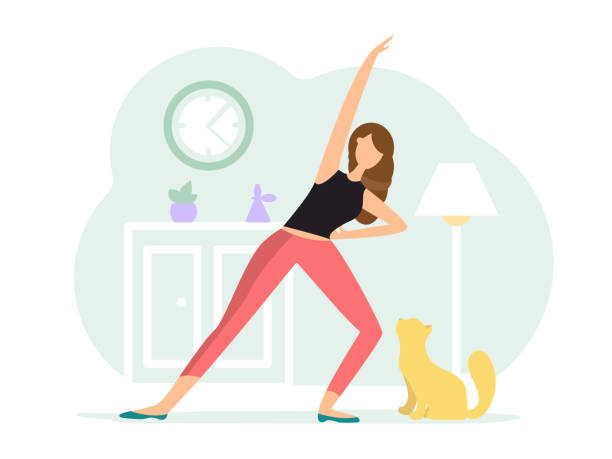 Reverse warrior pose. Woman doing Yoga with cat A woman in the black t-shirt and red pants practices yoga at home with a cat in a reverse warrior pose. Flat style character vector illustration on a green background. exercising illustrations stock illustrations