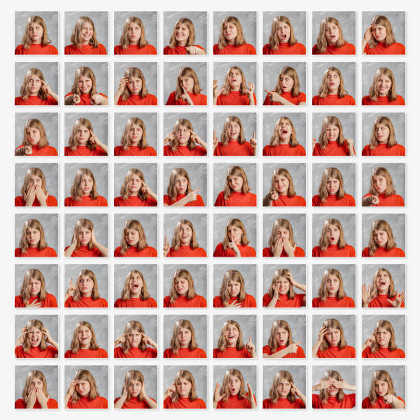 Blonde woman with different emotions and gestures portrait in studio Blonde woman with 64 different emotions and gestures portrait in studio portrait in studio on polaroid photos same person multiple images stock pictures, royalty-free photos & images