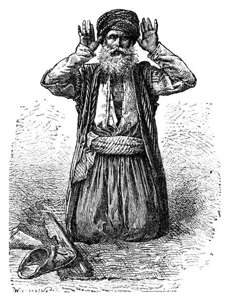 Man praying Man praying - Scanned 1890 Engraving drawing of a man kneeling in prayer stock illustrations