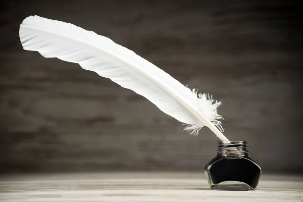 istock Writing concept, white pen and inkwell on a dark background 1134921273