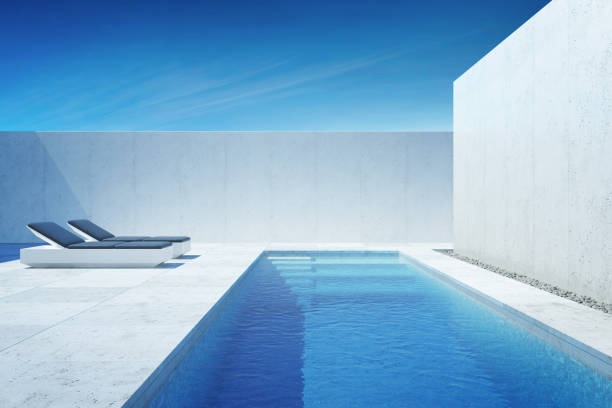 un lussuoso cortile moderno con piscina - industry water sky architecture foto e immagini stock