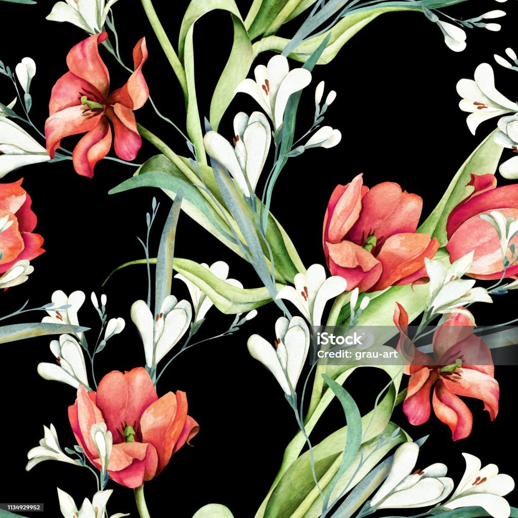 Spring Flowers Seamless Pattern. Watercolor Illustration. Abstract stock illustration