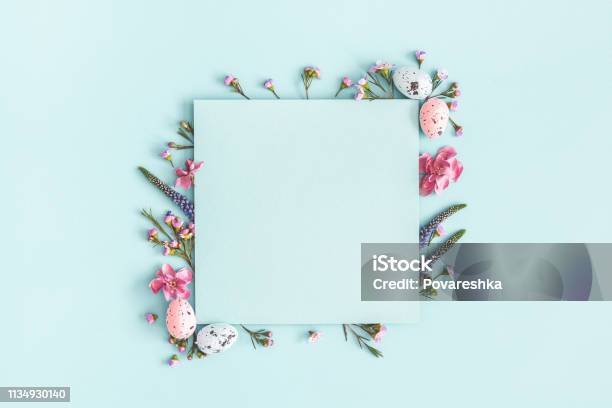 Easter Composition Easter Eggs Flowers Paper Blank On Pastel Blue Background Flat Lay Top View Copy Space Stock Photo - Download Image Now