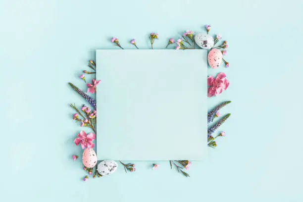 Photo of Easter composition. Easter eggs, flowers, paper blank on pastel blue background. Flat lay, top view, copy space