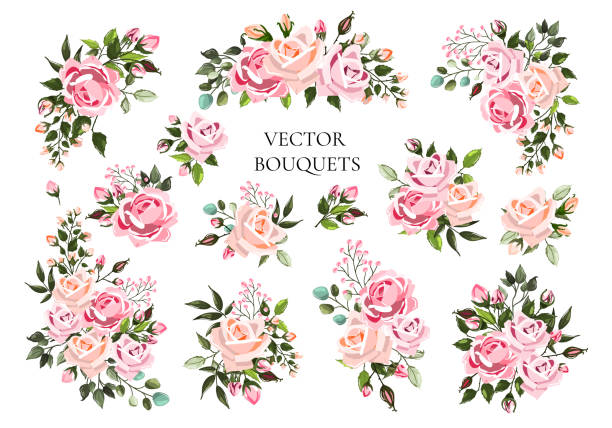 花束のセット淡いピンクと緑の葉と桃の花のバラ - bouquet rose wedding flower点のイラスト素材／クリップアート素材／マンガ素材／アイコン素材