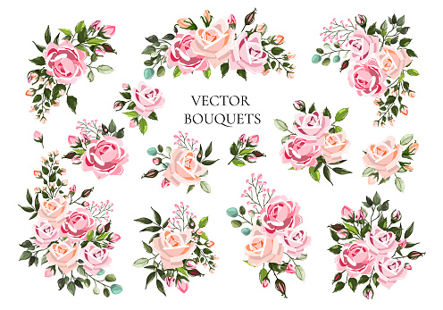 Set of bouquets pale pink and peachy flower roses with green leaves. Floral branch flowers arrangements for wedding invitation save the date or greeting card design. Vector illustration